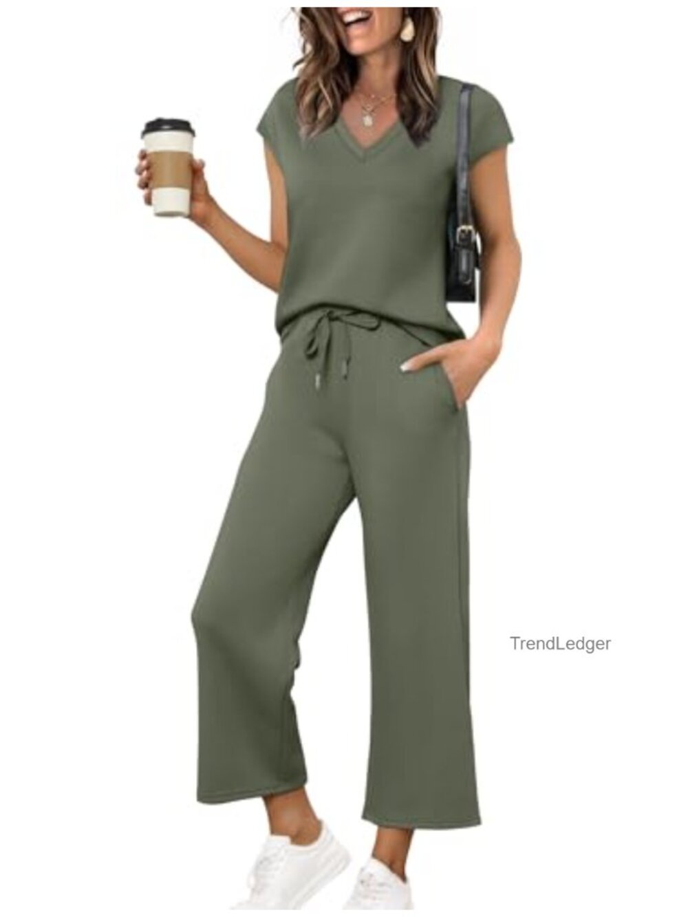 Women's Two Piece Lounge Set V Neck Cap Sleeve Wide Leg Pants Travel Vacation